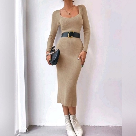 Dresses & Skirts - New Ribbed Bodycon Knit Midi Sweater Dress Long Sleeve Square Neck Khaki Tan